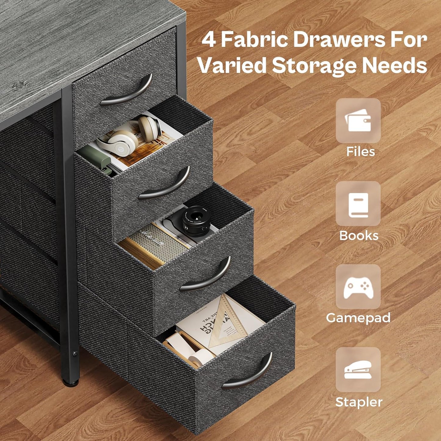 47-Inch Grey Computer Desk with 4 Drawers, LED Lighting, and Power Outlets - Ideal for Home Office and Gaming with Ample Storage Space