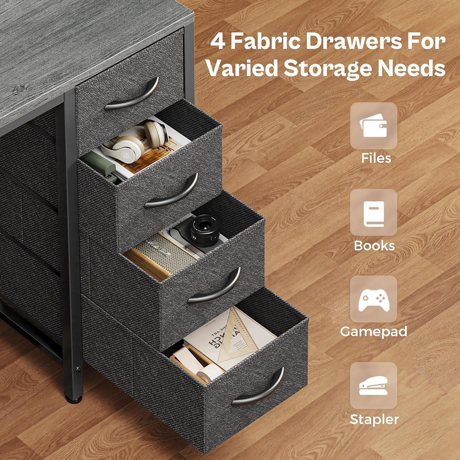 47-Inch Grey Computer Desk with 4 Drawers, LED Lighting, and Power Outlets - Ideal for Home Office and Gaming with Ample Storage Space