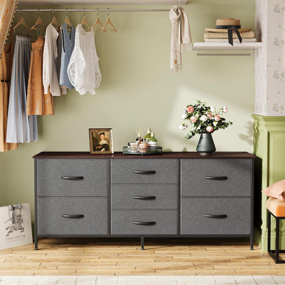 7-Drawer Fabric Dresser and TV Stand, 47-Inch Wide Chest for 43-55 Inch TVs, Metal Frame, Dark Grey, Ideal for Bedroom and Clothing Storage