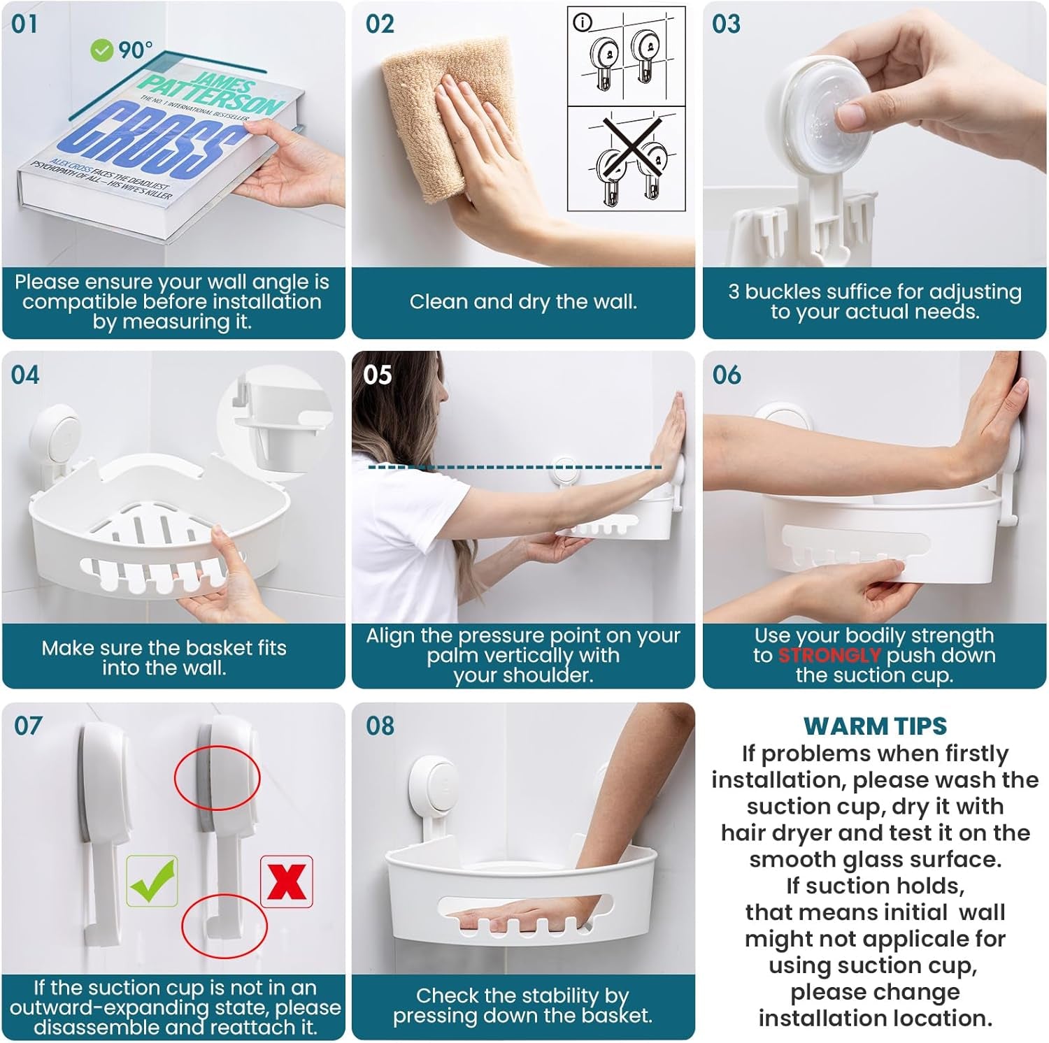 Corner Shower Caddy with Suction Cups, Wall Mounted Organizer Plastic Rack for Small Bathrooms, Kitchen, Removable Drill-Free Heavy Duty Shelf Basket, White