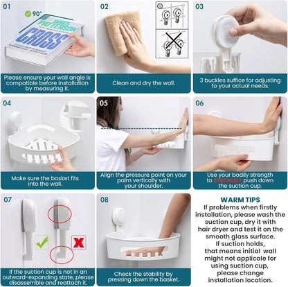 Corner Shower Caddy with Suction Cups, Wall Mounted Organizer Plastic Rack for Small Bathrooms, Kitchen, Removable Drill-Free Heavy Duty Shelf Basket, White