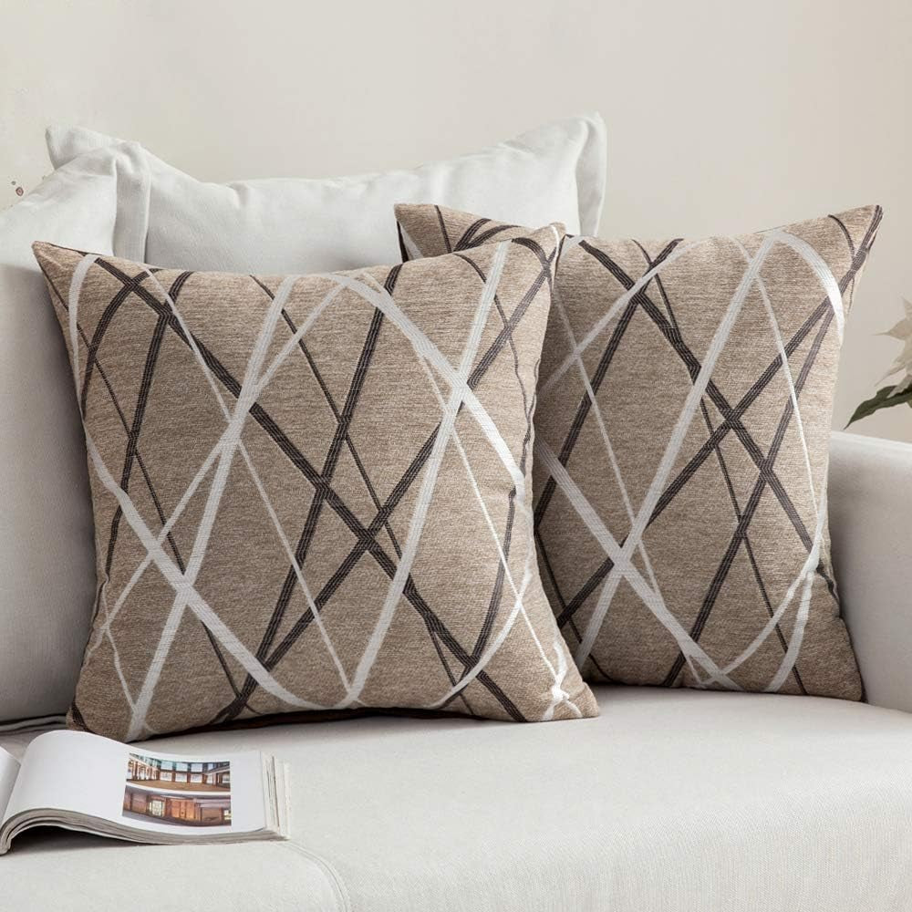 Pack of 2 Decorative Throw Pillow Covers Woven Textured Chenille Cozy Modern Concise Soft Light Tan Square Cushion Shams for Bedroom Sofa Car 18 X 18 Inch