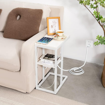 C Shaped End Table with Charging Station, Small Side Tables for Living Room Bedroom, Sofa Table with USB Ports and Outlets for Small Spaces, Rustic Bed Side Table