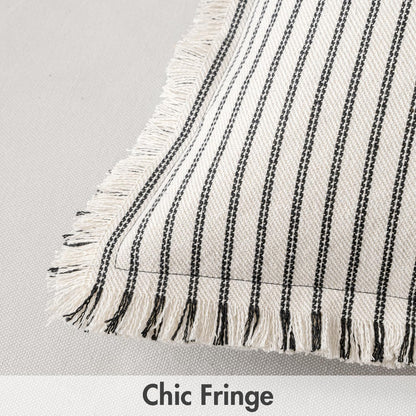 Pack of 2 Black Pillow Covers 20X20 Inch Striped Farmhouse Couch Throw Pillow Covers with Fringe Chic Linen Decorative Cushion Covers for Sofa Living Room Bed Outdoor Home Decor