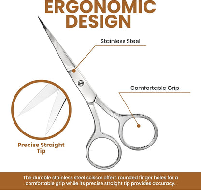 Eyebrow Scissors, Professional Stainless Steel Small Shears for Men and Women Cuticle Nail Scissors, Nose Hair Scissors for Grooming Mustache, Beard, Eyelashes, Ear Hair Trimming, Silver