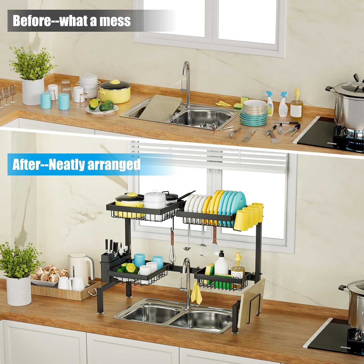 ［2-Tier 4 Baskets］Over the Sink Dish Drying Rack, 24.8"-35.4", Large Sink Rack for Kitchen, Extensible and Adjustable, Saving Kitchen Space