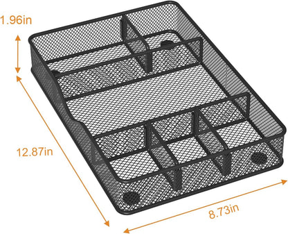 Desk Drawer Organizer Tray, Metal Mesh Drawer Organizer for Office & Home, 6 Adjustable Compartments, Black, 2 Pack - 12.87X8.73X1.96 Inch