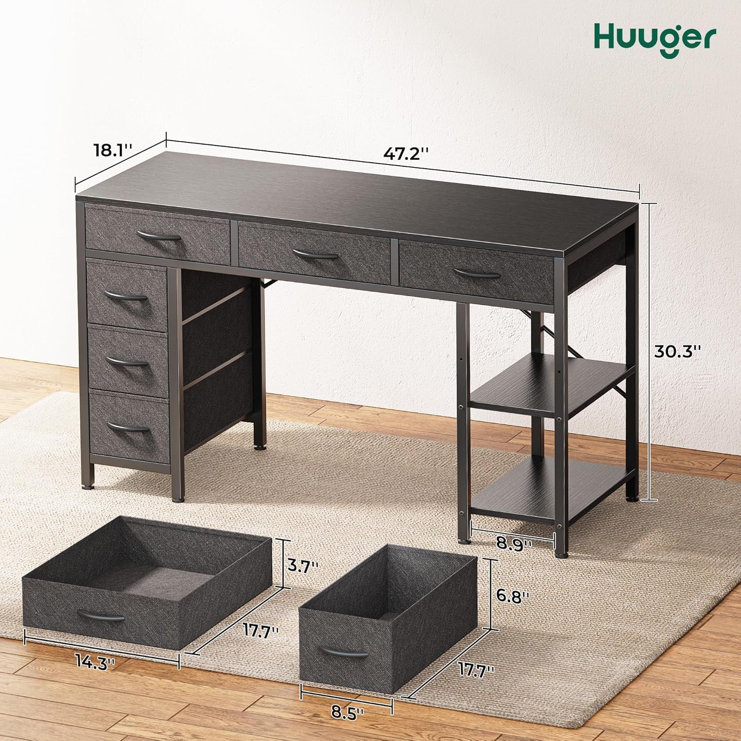 47-Inch Computer Desk with 6 Drawers and Shelves, Versatile Reversible Gaming and Corner Desk with Storage for Home Office, Study, and Living Room, Black