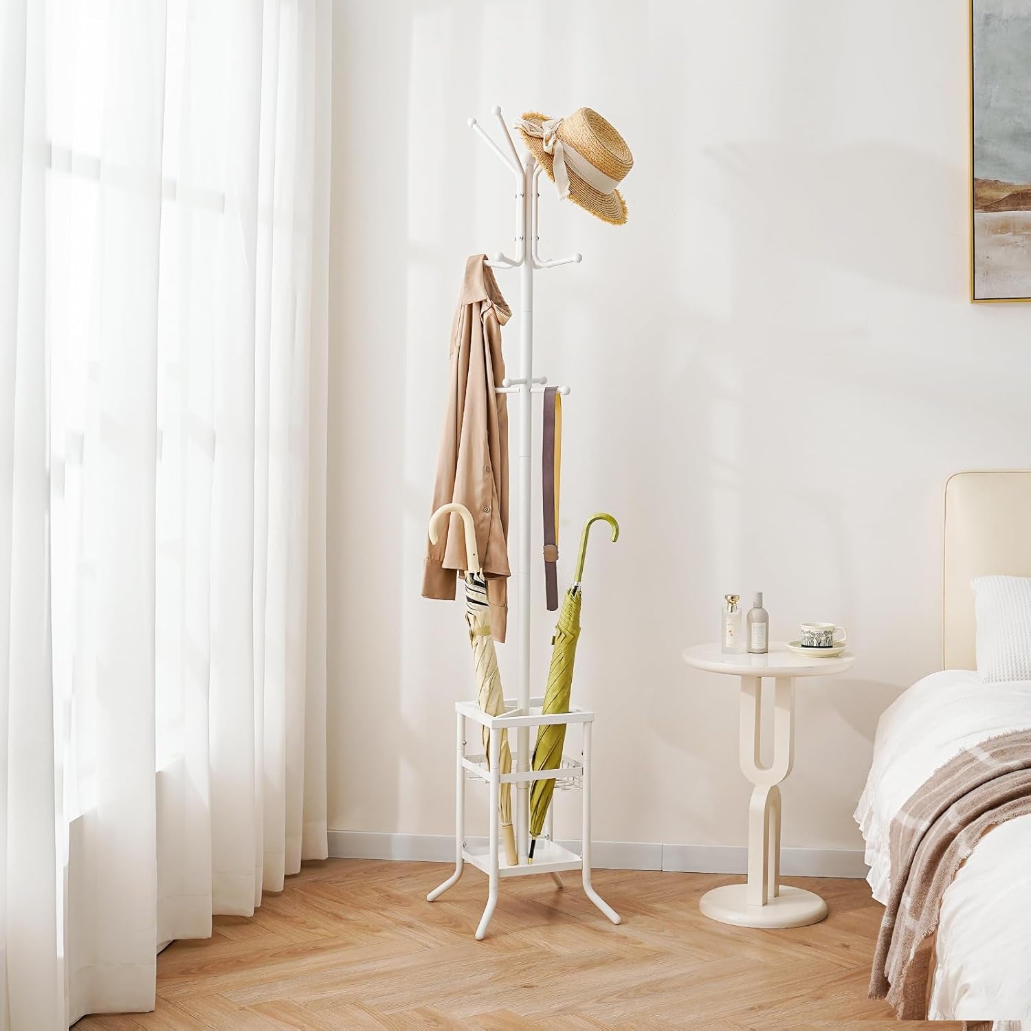 Coat Rack Freestanding, Coat Tree with Umbrella Holder, Metal Coat Rack Stand with 12 Hooks, Modern Coat Hanger Stand for Entryway, Purse Rack Hat Rack Stand for Living Room Bedroom Office