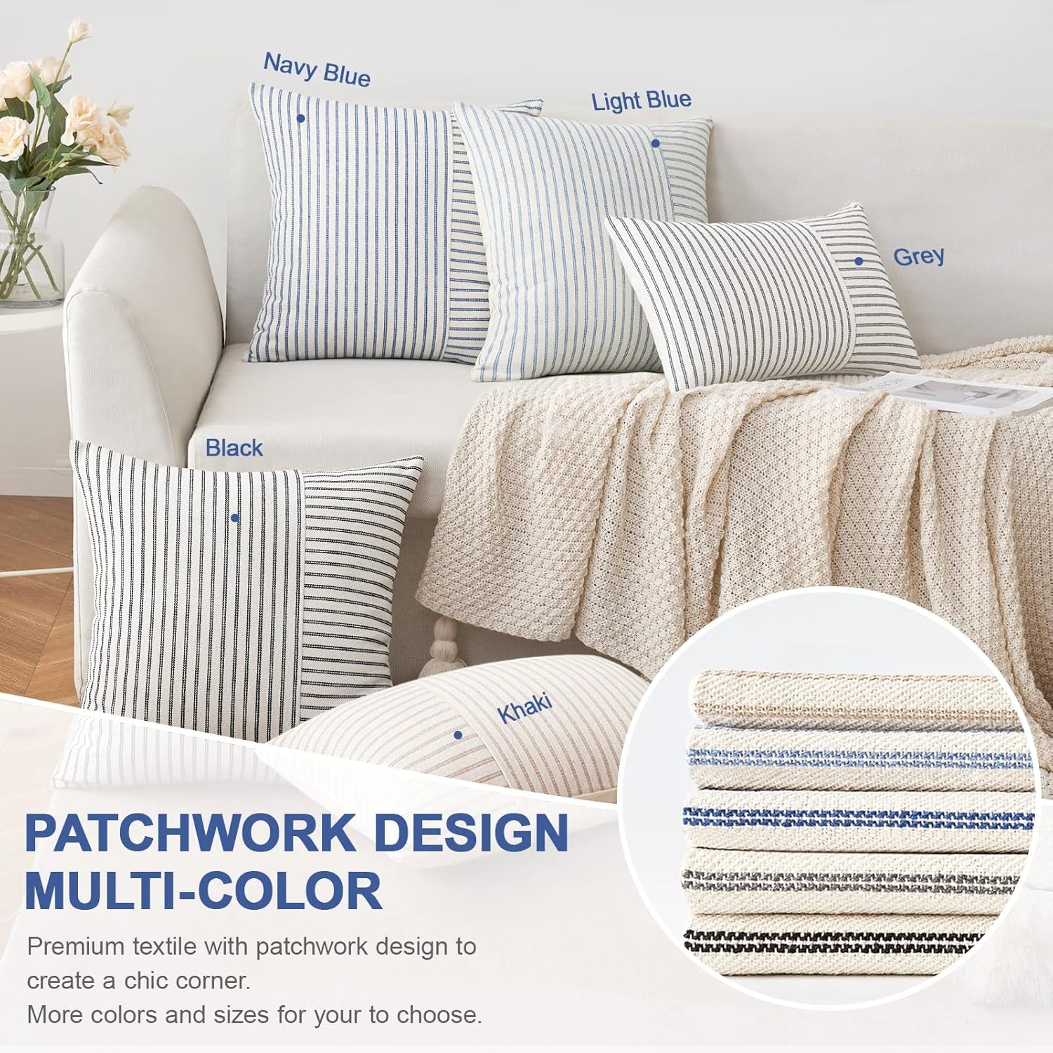 Grey and Beige Patchwork Farmhouse Pillow Covers 18X18 Inch, Pack of 2 Striped Linen Decorative Modern Accent Pillow Cases for Sofa Couch Bedroom