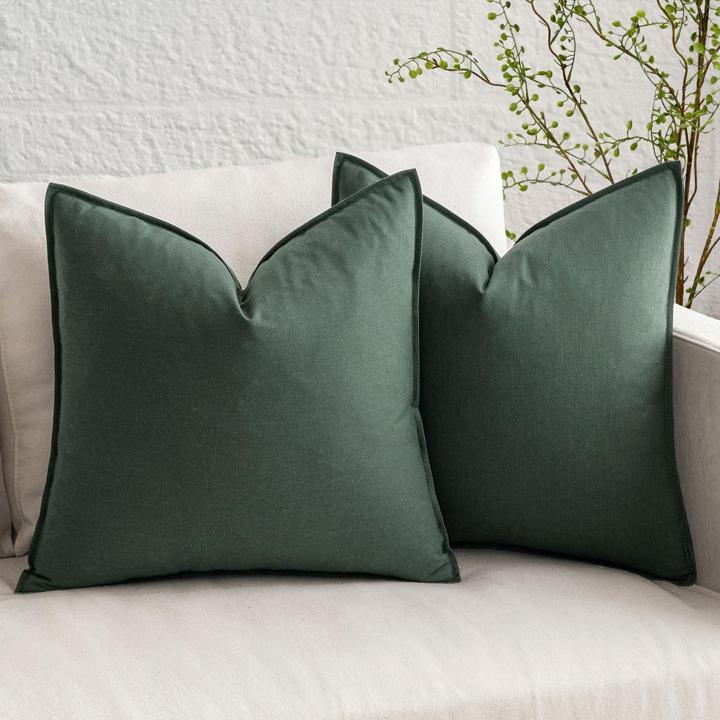 Pack of 2 Christmas Decorative Linen Pillow Covers Boho Farmhouse Modern Soft Accent Throw Pillows Neutral Cushion Covers for Sofa Couch Bed Living Room Home Decor, 18X18 Inch Dark Green