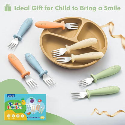 Toddler Forks Set - 8-Piece Baby Silverware with Silicone Handles, 18/8 Stainless Steel, Safe for Self-Feeding, Anti-Choke Design, Food Grade and Dishwasher Safe