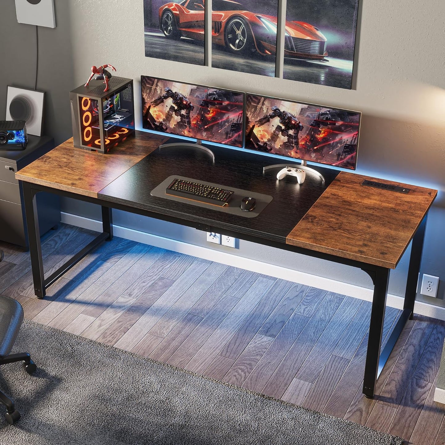 63" x 24" Heavy-Duty Computer Desk with Power Outlets & USB-C, Enhanced Desktop Thickness, Sturdy Metal Frame, Ideal for Home Office and Gaming, Rustic Brown and Black Finish