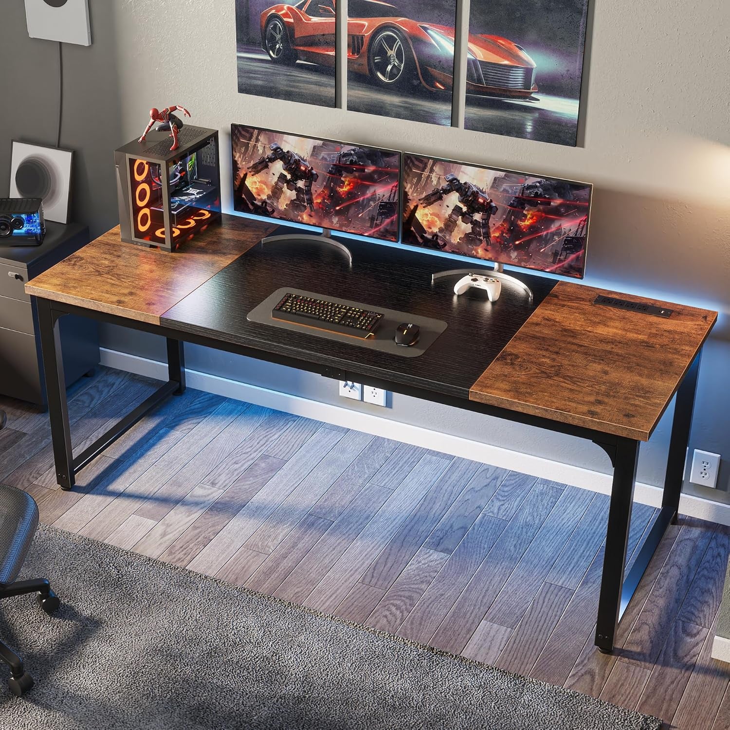 63" x 24" Heavy-Duty Computer Desk with Power Outlets & USB-C, Enhanced Desktop Thickness, Sturdy Metal Frame, Ideal for Home Office and Gaming, Rustic Brown and Black Finish