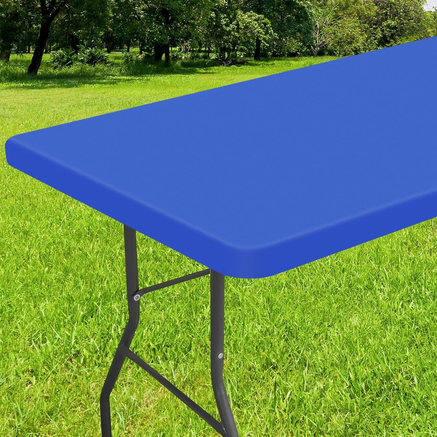 Elastic Fitted Vinyl Tablecloth with Flannel Backing for 6Ft Folding Tables, Waterproof and Wipeable, Ideal for Indoor and Outdoor Use (Blue, 30" x 72")