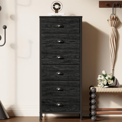 Elegant Tall Dresser with 6 Drawers and Vertical Bedside End Table - Black Storage Tower Nightstand with Fabric Drawer Organizer for Bedroom, Living Room, Closet, and Hallway