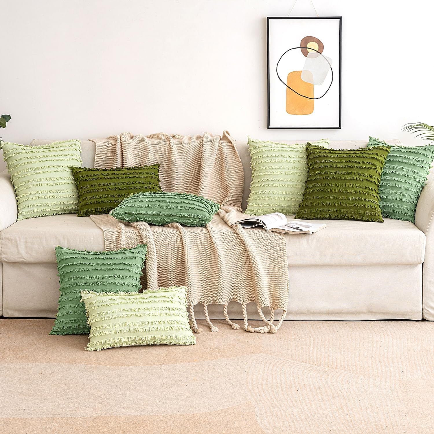 Set of 2 Decorative Boho Throw Pillow Covers Linen Striped Jacquard Pattern Cushion Covers for Spring Sofa Couch Living Room Bedroom 18X18 Inch Grass Green