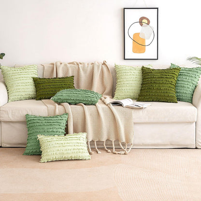 Set of 2 Decorative Boho Throw Pillow Covers Linen Striped Jacquard Pattern Cushion Covers for Spring Sofa Couch Living Room Bedroom 18X18 Inch Grass Green