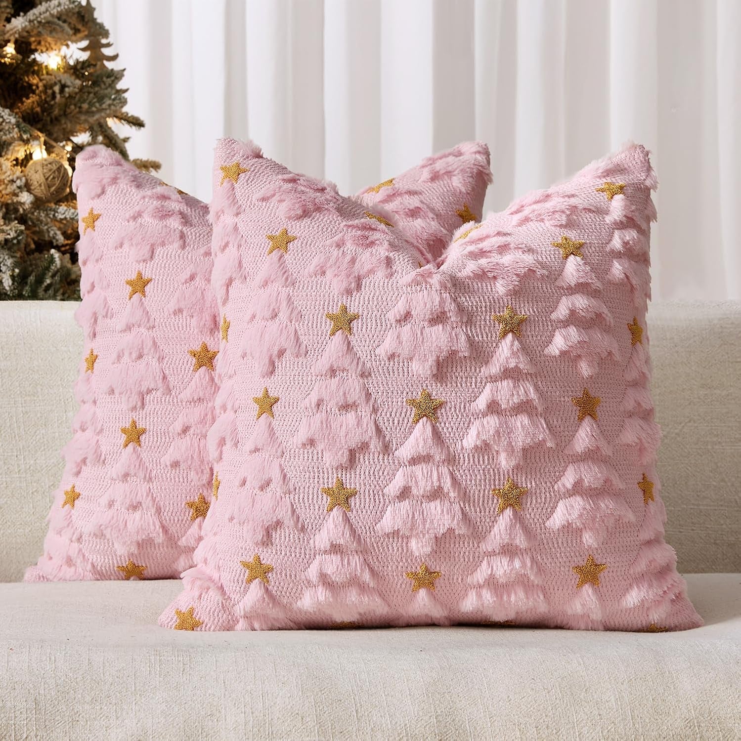 Christmas Pillow Covers 18X18 Inch Set of 2, Pink Christmas Tree Plush Faux Fur Pillowcases Soft Decorative Throw Pillow Cases for Couch Sofa Living Room Winter Xmas Holiday Home Decor