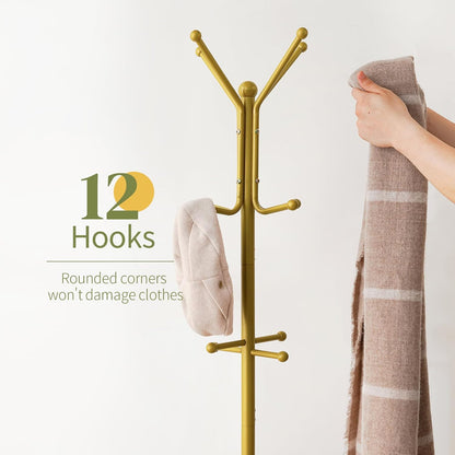 Coat Rack Freestanding, Coat Tree with Umbrella Holder, Metal Coat Rack Stand with 12 Hooks, Modern Coat Hanger Stand for Entryway, Purse Rack Hat Rack Stand for Living Room Bedroom Office