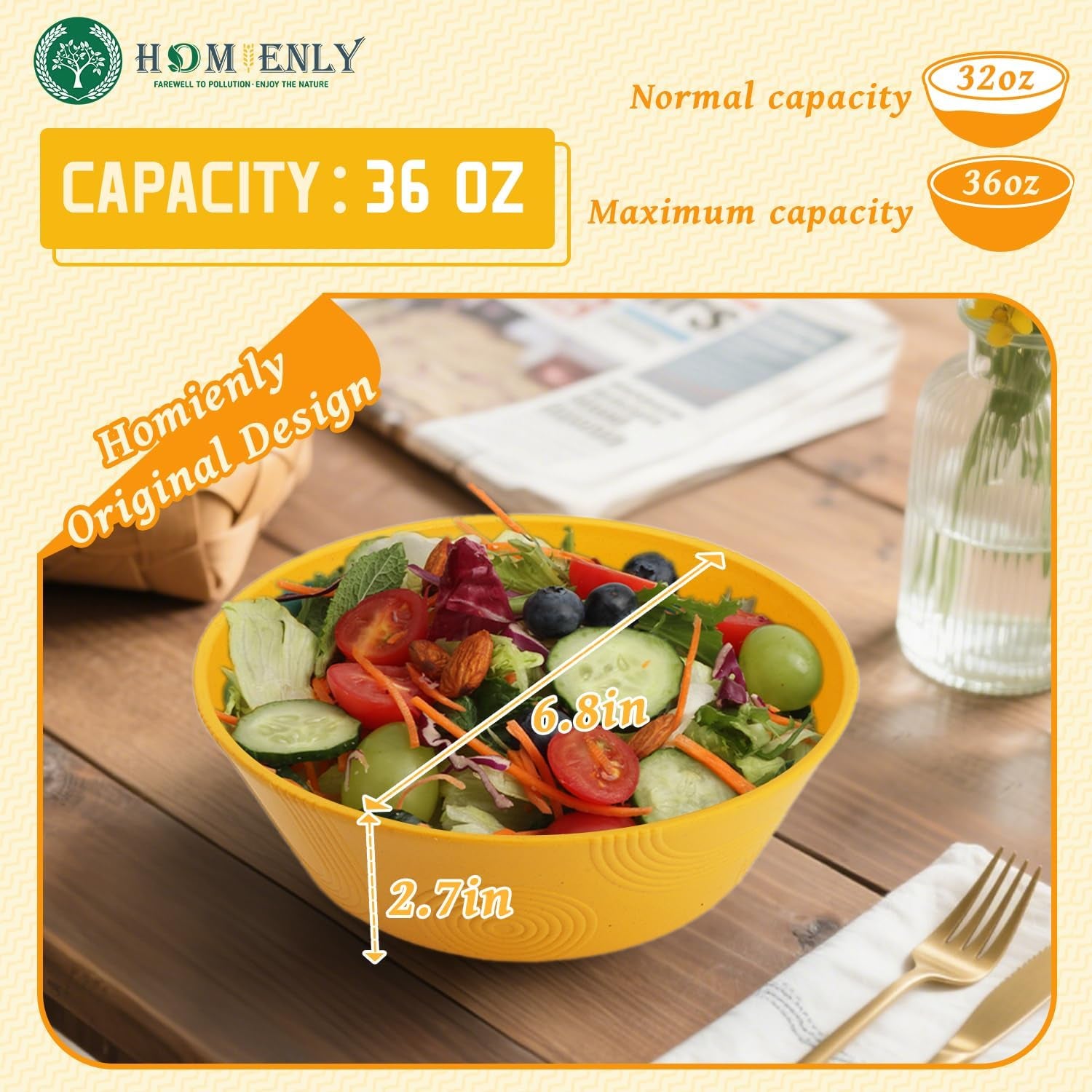 Wheat Straw Bowl Set of 6 - 36oz Textured Cereal and Soup Bowls, Microwave and Dishwasher Safe, Eco-Friendly Alternative for Serving Ramen, Salad, and More