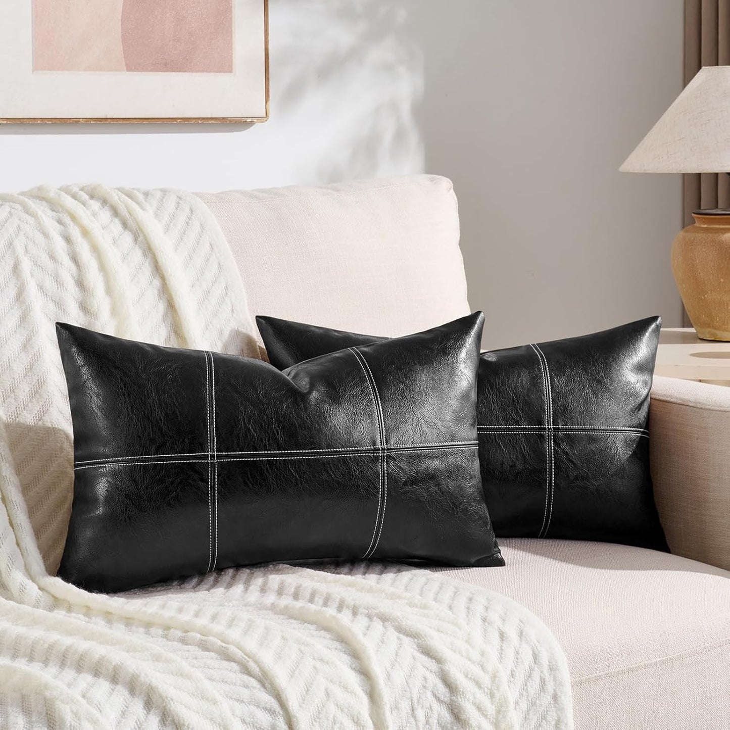 2 Packs Black Lumbar Plaid Faux Leather Decorative Throw Pillow Covers 12X20 Inch for Living Room Couch Bed Sofa, Boho Farmhouse Home Decor, Hand Stitched Rectangle Cushion Case 30X50 Cm