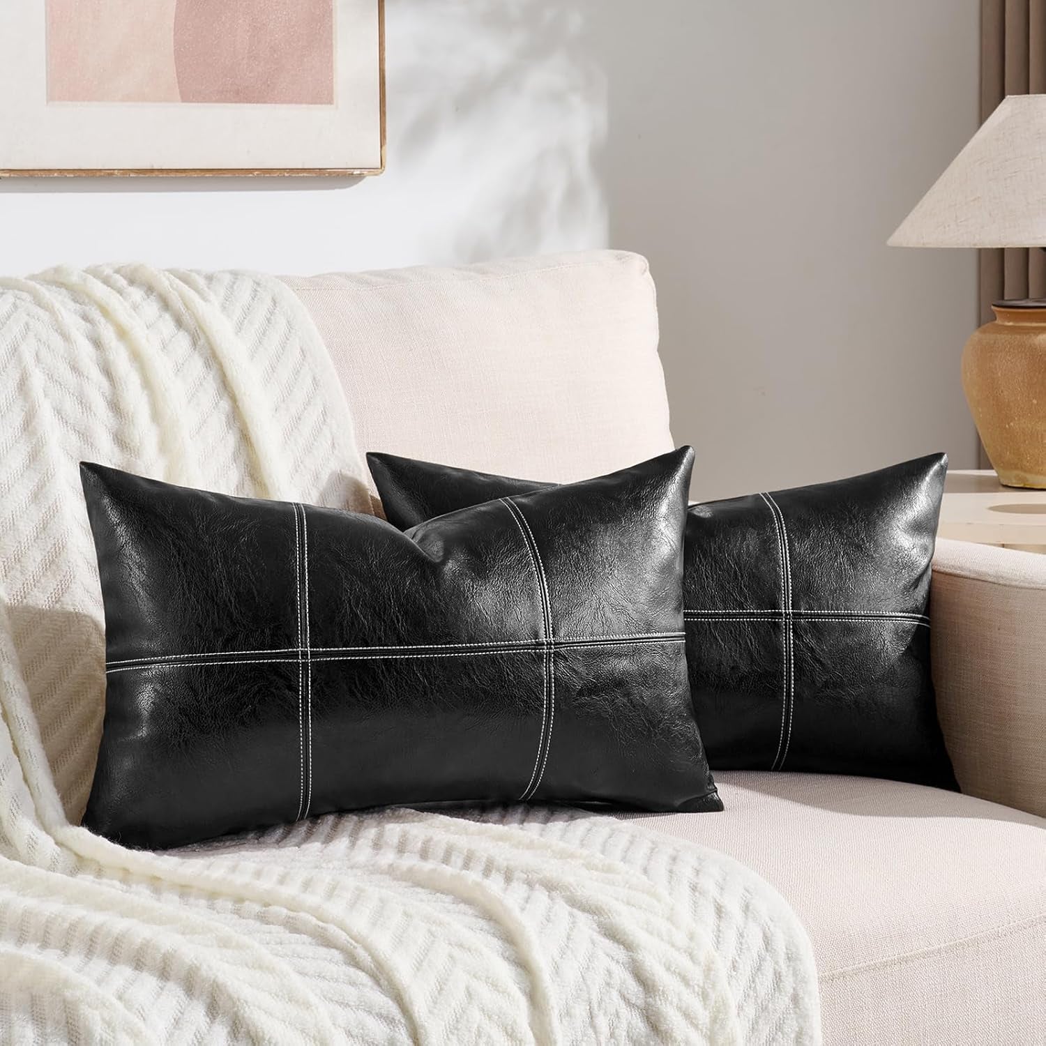2 Packs Black Lumbar Plaid Faux Leather Decorative Throw Pillow Covers 12X20 Inch for Living Room Couch Bed Sofa, Boho Farmhouse Home Decor, Hand Stitched Rectangle Cushion Case 30X50 Cm