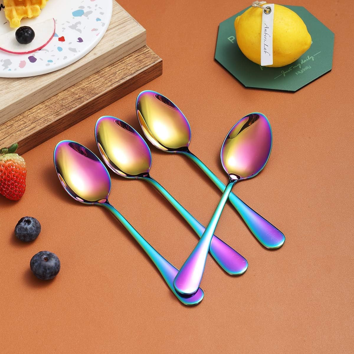Set of 4 Rainbow Teaspoons, 6.5" Stainless Steel with Titanium Plating, Multi-Color Dessert Spoons, Easy to Clean and Dishwasher Safe