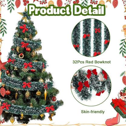 5M Christmas Tinsel Garland Christmas Tree Decorations Silver Foil Tinsel Garland Metallic Hanging Garland for New Year Party Holiday (Green W/Red Bow-16Ft (No Lights))