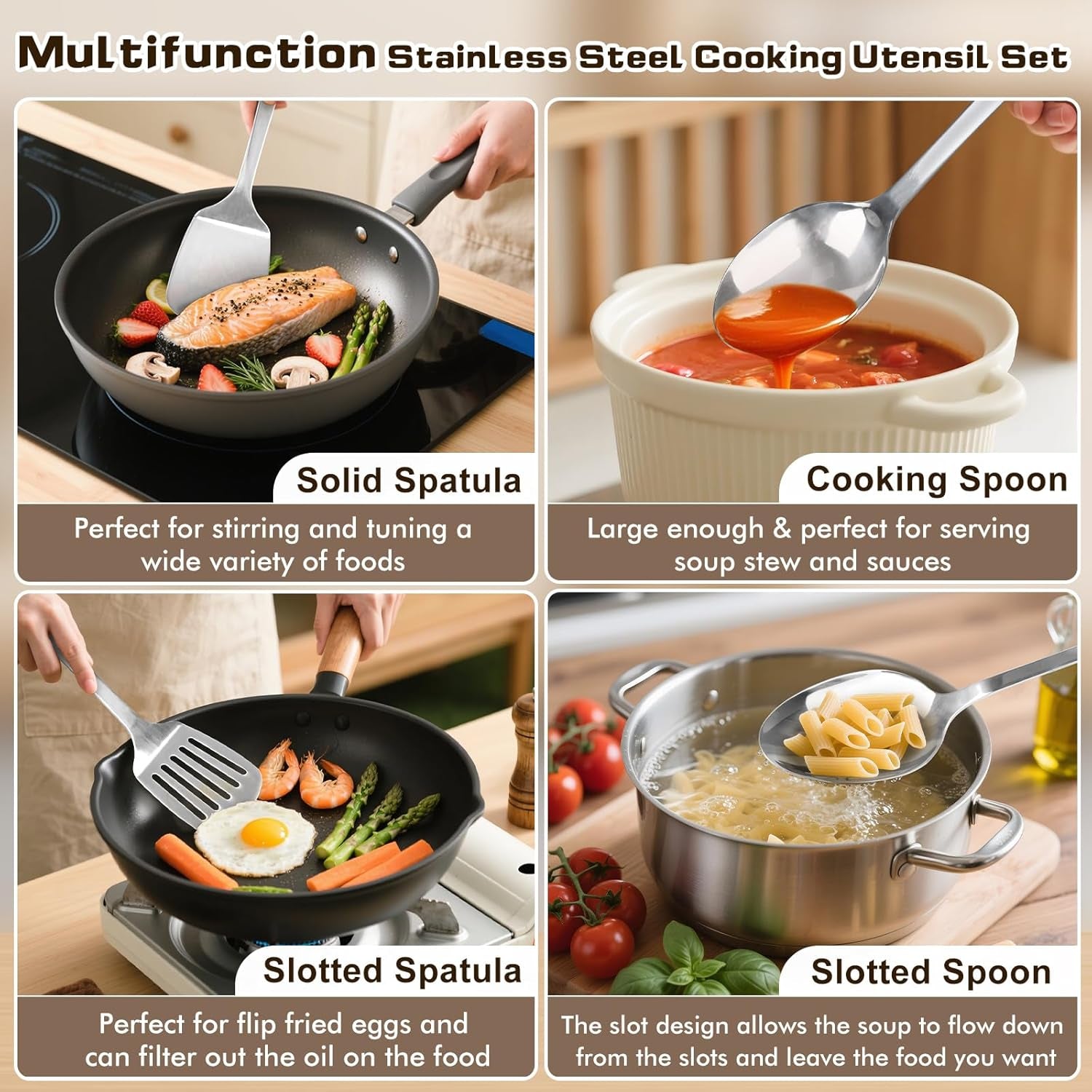 4 Pcs Cooking Utensils Set, Stainless Steel Kitchen Utensils, Heat Resistant Metal Kitchen Tools Include Solid & Slotted Turner Wok Spatula, Serving Spoon, Ergonomic Handle, Easy to Clean, Silver