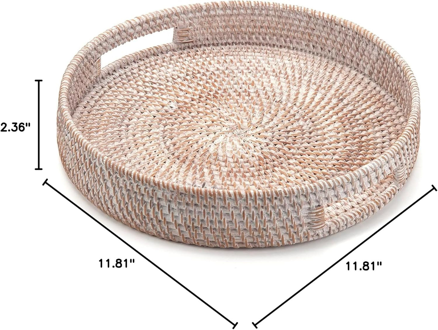 Coffee Table Tray round Rattan Ottoman Tray Woven Serving Trays with Handles for Home and Kitchen Decorative White (Large 14 Inch X 2.8 Inch)